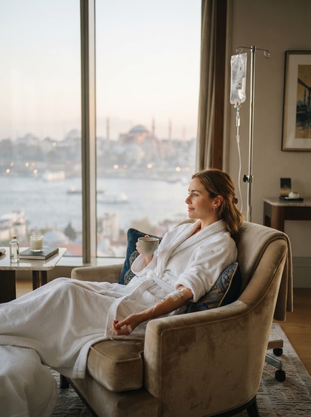 A guest in a robe relaxing with an IV drip in an Istanbul hotel room with a view of the old city